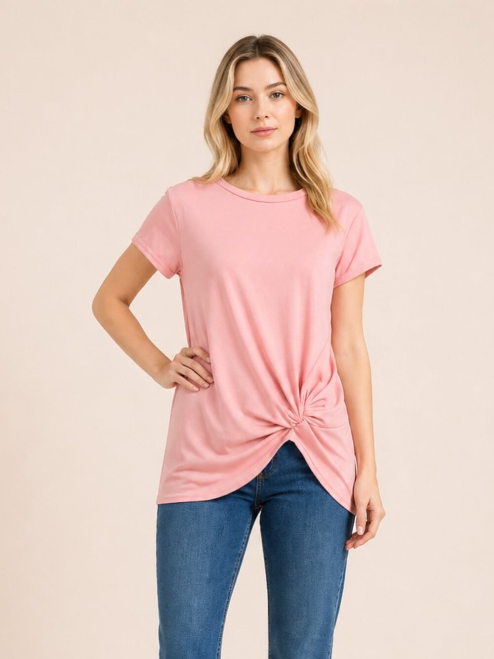 A104-D β’ Pink Premium Modal Twist Front Side Gathered Tee